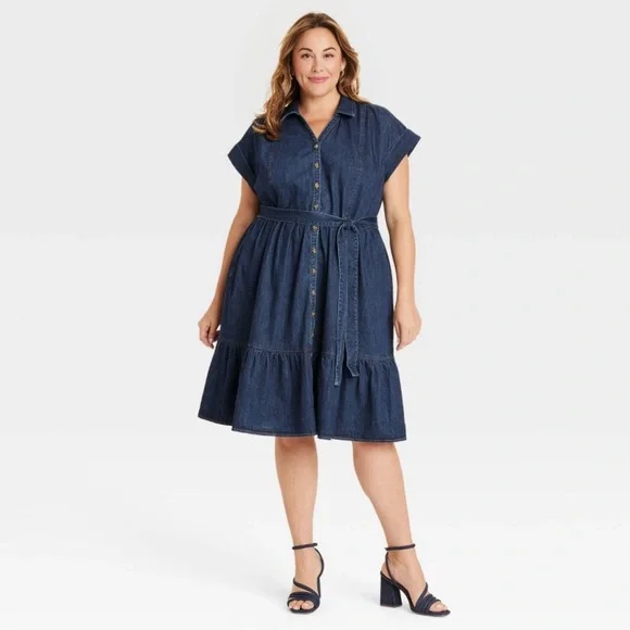 Ava & Viv | Dresses | Womens Short Sleeve Denim Tiered Midi Aline Dress Ava  Viv Dark Wash X | Poshmark